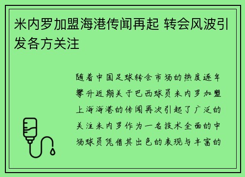 米内罗加盟海港传闻再起 转会风波引发各方关注