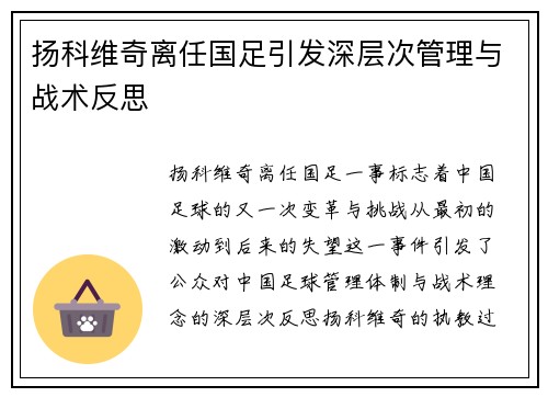 扬科维奇离任国足引发深层次管理与战术反思