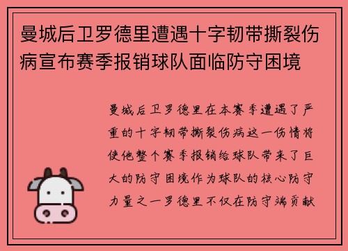 曼城后卫罗德里遭遇十字韧带撕裂伤病宣布赛季报销球队面临防守困境