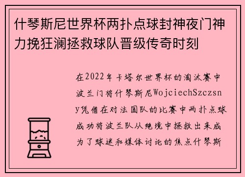 什琴斯尼世界杯两扑点球封神夜门神力挽狂澜拯救球队晋级传奇时刻