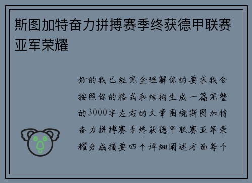 斯图加特奋力拼搏赛季终获德甲联赛亚军荣耀